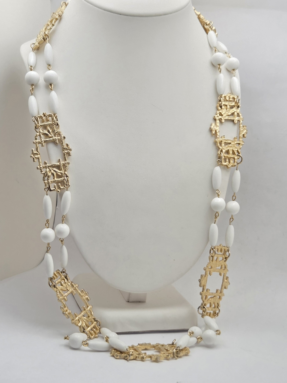 Vintage Gold Tone White Bead Asian Motif Faux Bamboo Station Necklace 38"